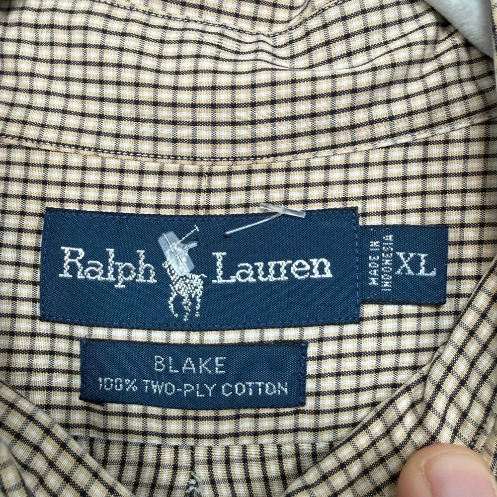 Ralph Lauren Blake Shirt Men XL Tan Micro Check Button Up Cotton Classic Two Ply